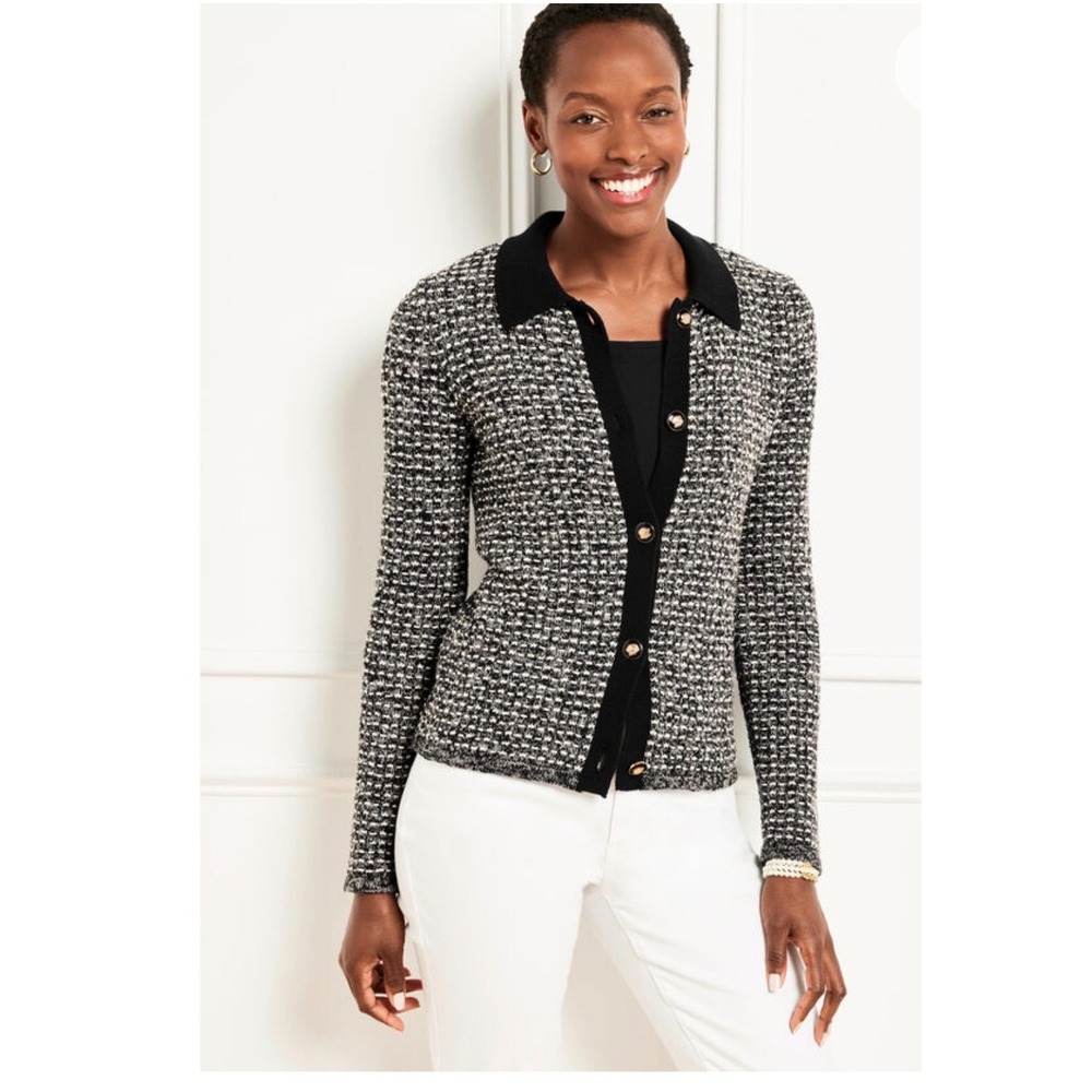 TALBOTS Polo Cardigan Sweater Dash Stripe Black White Medium NEW Textured Career